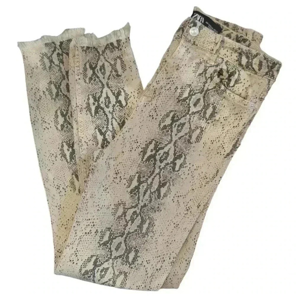 Zara Snake Skin Print High Rise High Waisted Raw Hem Skinny Jeans Size 6 - Picture 2 of 13